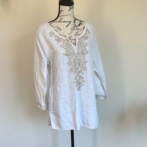 Embroidered V-Neck Linen Tunic Top - White with Beige Accents